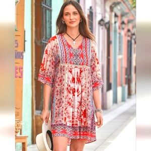 SUNDANCE Wild Provence Boho Festival Mixed Print Mini Dress. Red Multi. Size SM